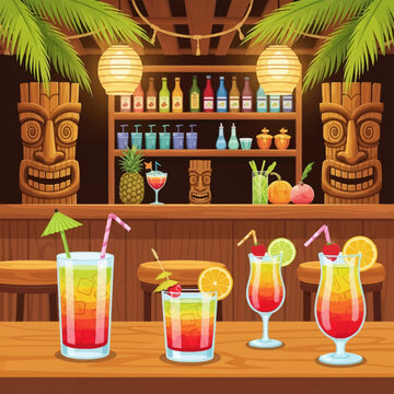 Vector illustration of a tropical tiki bar featuring colorful exotic cocktails on a wooden counter, wooden tiki statues, palm leaves, paper lanterns, and liquor bottles on shelves.