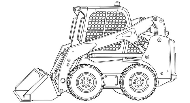 Detailed line art drawing of a compact skid-steer loader machine