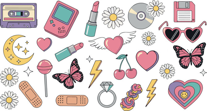 Collection of Y2K aesthetic icons with retro cassette game console butterflies hearts and trendy girly doodle elements in pastel colors vector illustration