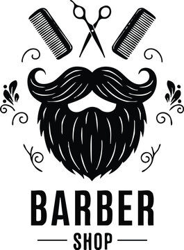 Mustache and beard set on white background. Vintage beard and mustache silhouette. Barber shop cartoon black beard label. Hipster style barber shop beard 