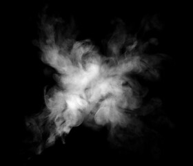 Naklejka premium White smoke cloud isolated on black background, abstract vapor burst with soft fog and mist texture, dynamic diffusion effect, ideal for cinematic background, overlay, and creative visual design.
