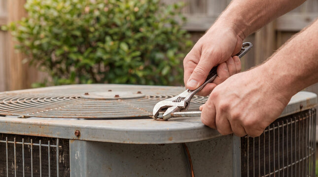Close-up of a technician's hands using a wrench to perform AC repair and maintenance on an outdoor air conditioner unit