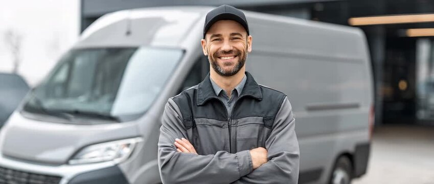 A professional delivery driver stands confidently with arms crossed in front of a cargo van in an urban.