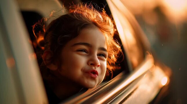 little mauritian girl putting her head outside laughing of car window while the car is driving. sun rise and leica shot,