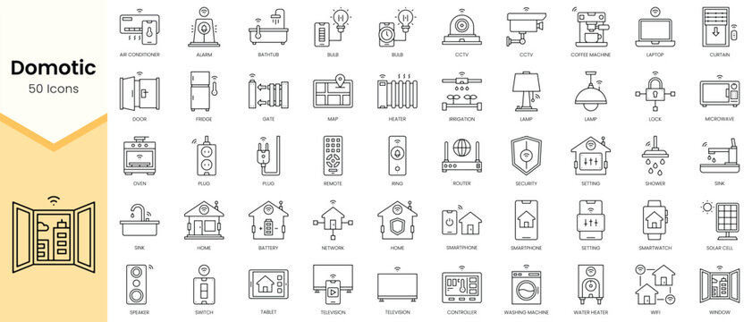 Simple Outline Set of Domotic icons. Linear style icons pack. Vector illustration