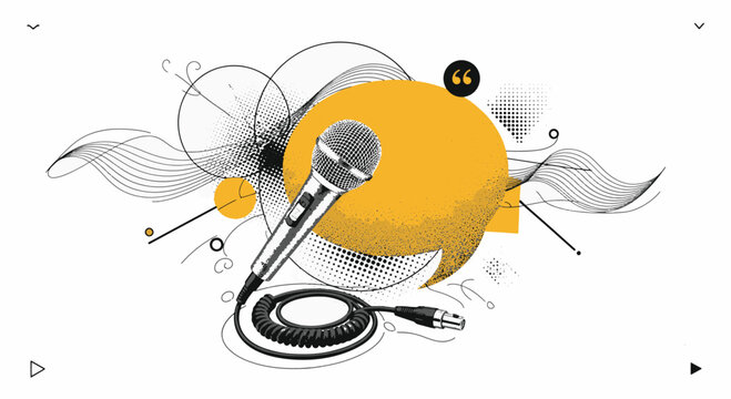 Professional microphone with yellow speech bubble and abstract geometric elements for podcasting broadcasting public speaking and digital audio media vector illustration