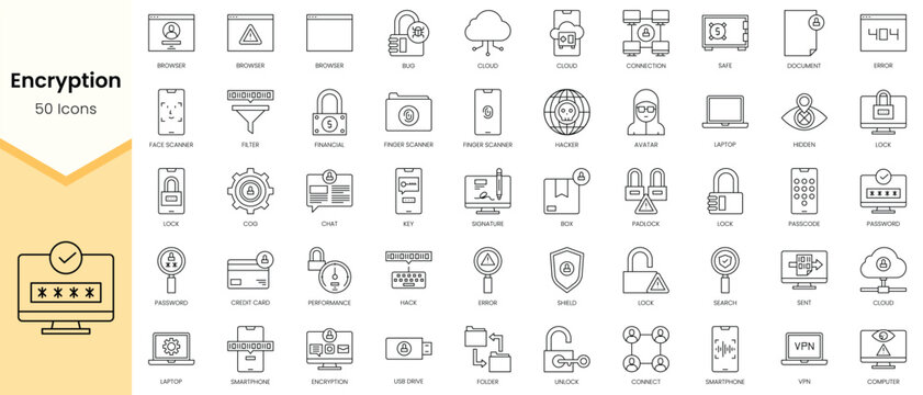 Simple Outline Set of Encryption icons. Linear style icons pack. Vector illustration