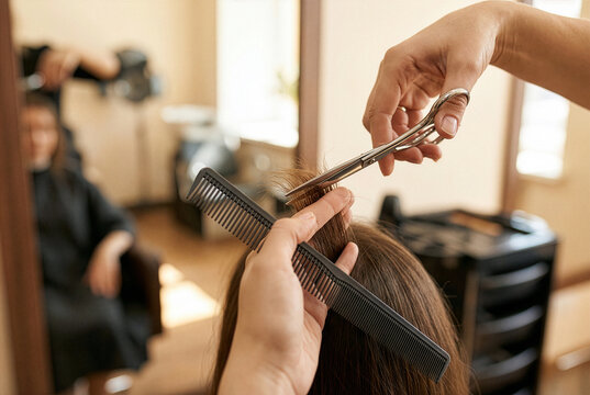 Professional hair stylist cutting long brown hair of a female client in a beauty salon