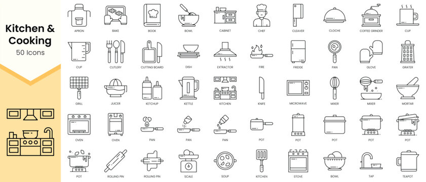 Simple Outline Set of Kitchen and Cooking icons. Linear style icons pack. Vector illustration