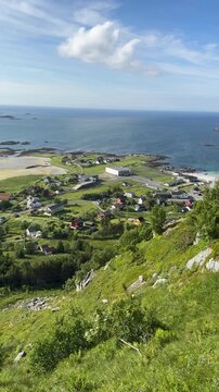 Panoramic view of Ramberg village with fjord and dramatic mountains, Lofoten Islands, Norway

