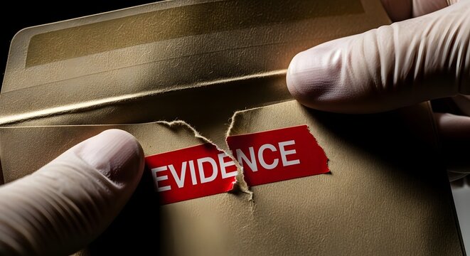 A gloved hand opens an envelope labeled evidence with care and caution.