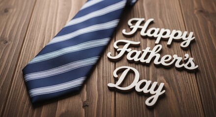 Obraz premium Happy father's day blue striped tie with wooden lettering celebrate dad