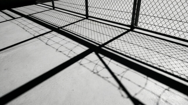 Black and white view of a wire mesh fence casting long shadows on a concrete ground
