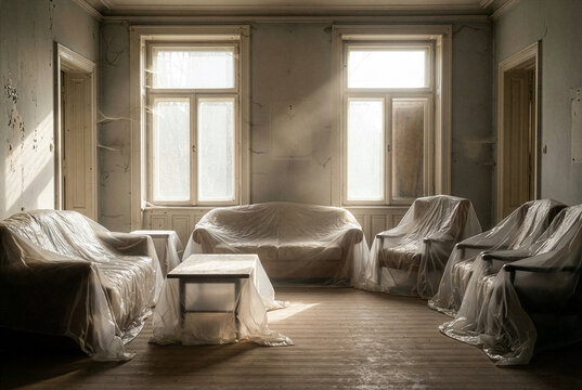 An abandoned living room filled with furniture covered in plastic sheets in soft natural sunlight