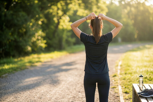 Fit woman tying her hair in a ponytail while standing on a park path at sunrise