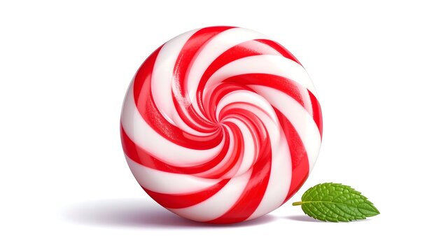 A close-up studio shot of a red and white spiral candy resting on a white surface with a mint leaf