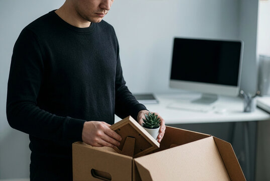 A man packing his personal belongings into a cardboard box after quitting his job in an office