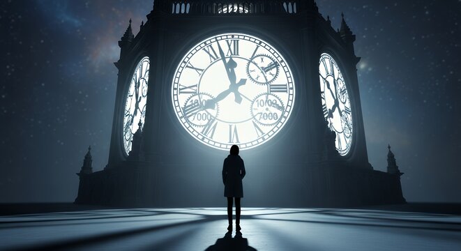 A silhouette of a person standing before a massive, glowing clock tower, reflecting on life�s irreversible moments