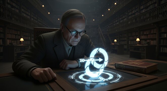 An elderly man sitting in a dimly lit library, staring at a symbol of "no turning back," reflecting on inevitable past decisions