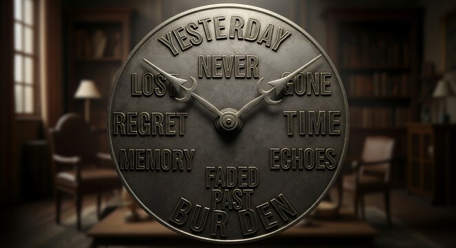 A clock face where the numbers are replaced by words like "Yesterday," "Lost," and "Never," emphasizing the weight of the past