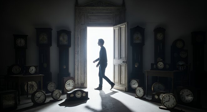 A person walking through a doorway into a bright white light, leaving behind a dark room filled with old clocks