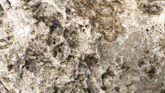 Close up macro of rough stone texture with natural rock surface pattern, aged wall background, weathered grunge material detail for construction, architecture and abstract design