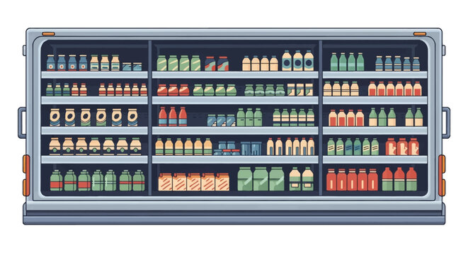 Flat vector illustration of a commercial refrigerated display case featuring organized shelves stocked with various beverage bottles, milk cartons, and dairy product jars.