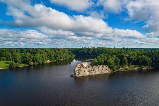 Aerial View of Koknese Castle Ruins on Island in Daugava River, Latvia