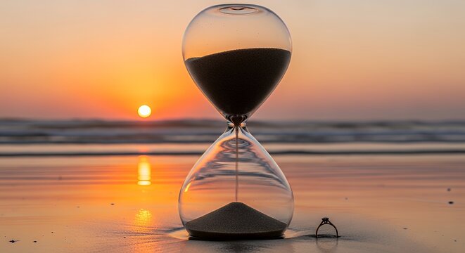 A giant glass hourglass on a beach at sunset, the sand slowly burying a small wedding ring, symbolizing a relationship lost to time