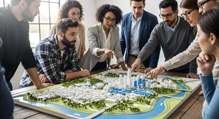 Fototapeta premium Diverse Team of Architects and Urban Planners Collaborating on a 3D City Model in a Modern Office for Sustainable Infrastructure Planning and Smart City Development
