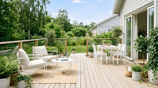 minimalist backyard deck with white furniture and green plants, Scandinavian style, bright and airy