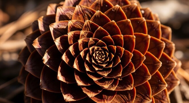 Intricate close-up of a pinecone revealing its detailed scales, geometric spiral pattern, and natural texture in warm sunlight.