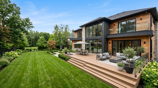 modern house exterior with large backyard deck, wide angle shot, clean sky, premium real estate look