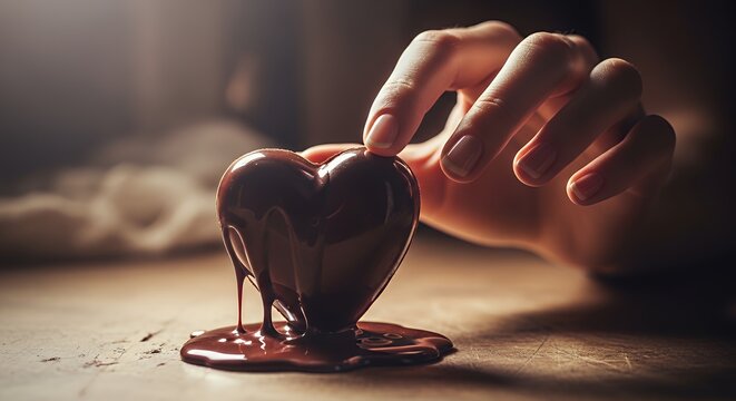 A woman�s hand reaching for a melting chocolate heart, a symbol of passion and love lost to time