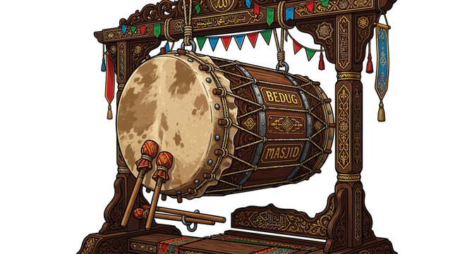 Traditional Asian drum on ornate wooden stand with colorful decorations and mallets used in cultural festivals and celebrations