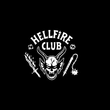 Hellfire Club skull emblem with weapons, dark gothic symbol, edgy black and white illustration