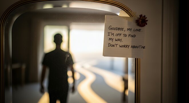 A goodbye note taped to a mirror, reflecting a person walking away into a bright, uncertain future