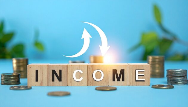 Income blocks with coins symbolizing money flow, finance, transactions