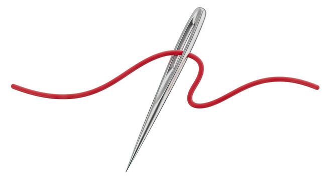 Close-up of a sewing needle threaded with red string