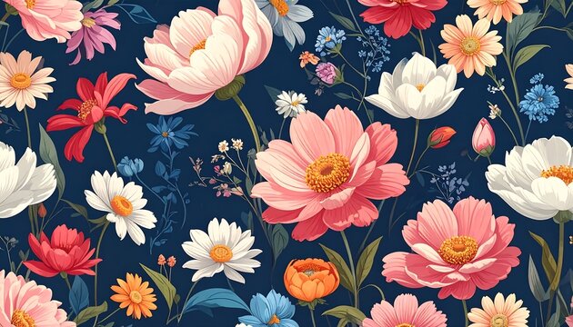 Floral print with pastel pink, white, red, blue, and orange flowers on a dark blue background, with green leaves