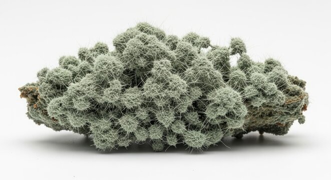 Macro photograph of a dense, dry, ancient green and gray mold colony on decaying matter