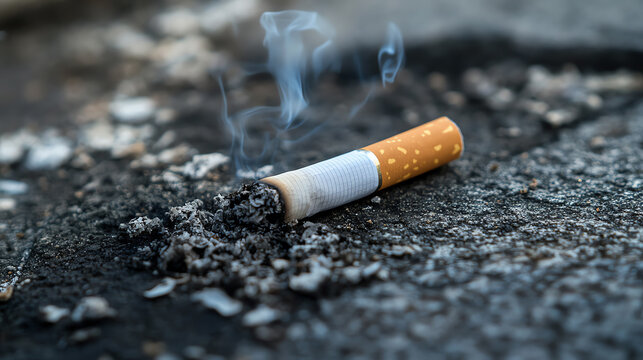 A close-up of a discarded cigarette butt on the ground, with smoke curling above it, representing pollution and waste.