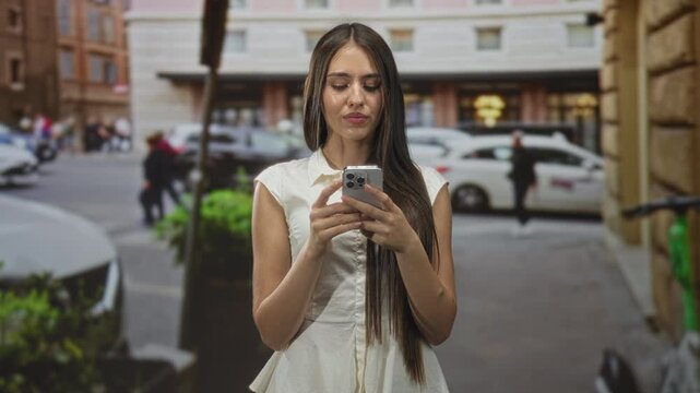 Woman texting on smartphone, holding device with both hands, long hair and white dress on a city street beside parked cars, planter and scooter; contentment.