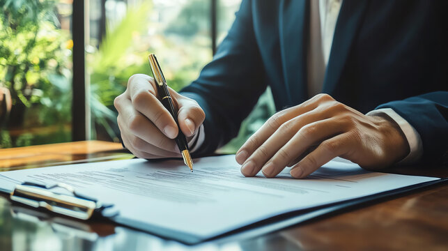 A professional person signing a document with a pen, symbolizing agreements and business transactions.