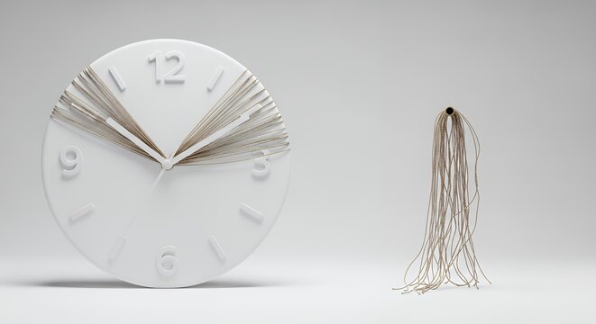 A minimalist clock face with hands made of frayed thread, symbolizing the fragility of existence
