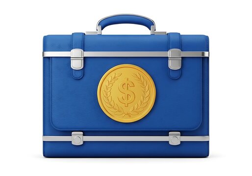 Blue briefcase featuring a prominent bitcoin logo on its front panel.
