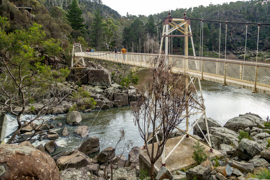 Historic Alexandra Suspension Bridge spanning the South Esk River at Cataract Gorge in Launceston, Tasmania Australia. Victorian-era engineering, natural beauty for tourism and recreational adventure