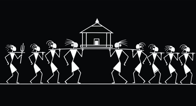 Traditional Warli Art Vector Illustration, Indian Tribal Folk Painting of a Procession, White Stick Figures Carrying a Palanquin isolated PNG with Transparent Background