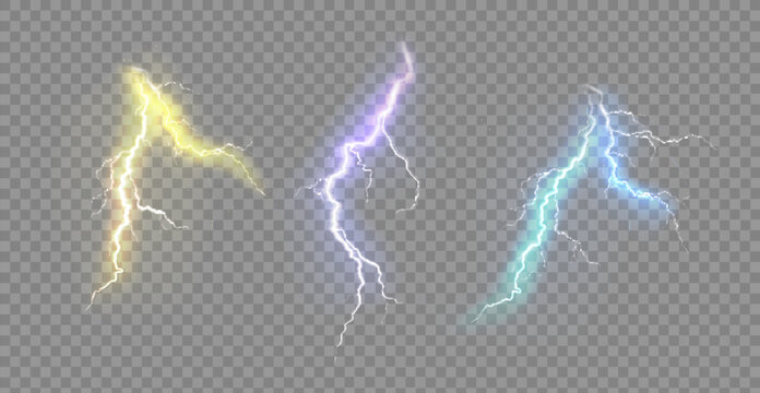 Set of the isolated realistic lightnings with transparency for design. Thunder-storm and lightnings. Magic and bright lighting effects. Natural effects