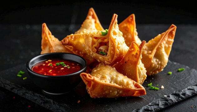 A scattering of freshly fried wontons their crispy edges and savory filling evident with dipping sauce